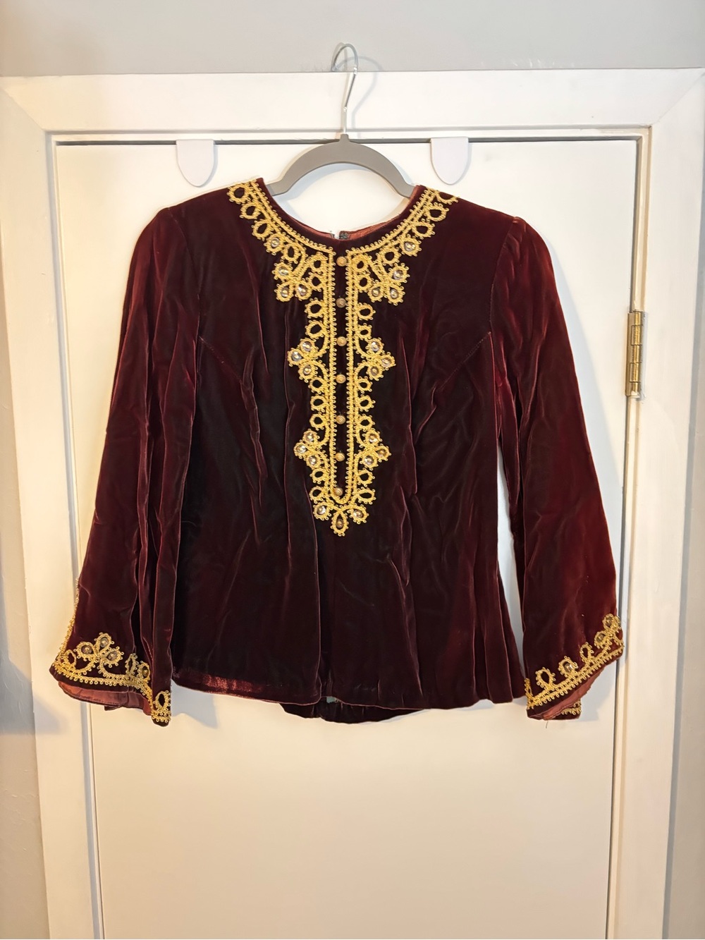 Vintage Burgundy Velvet Top with Gold Embroidered Trim